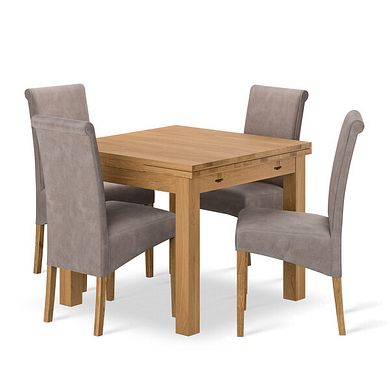 Pembroke Natural Solid Oak Extending Dining Table 90-150cm + 4 Scroll Back Chair in Dappled Beige Fabric with Solid Oak Legs