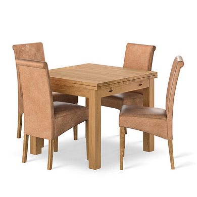 Pembroke Natural Solid Oak Extending Dining Table 90-150cm + 4 Scroll Back Chair in Vintage Tan Leather Look Fabric with Oak Legs