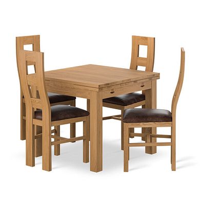 Pembroke Natural Solid Oak Extending Dining Table 90-150cm + 4 Wave Back Natural Solid Oak Chair with Vintage Brown Leather Look Fabric Seat