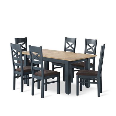 Richmond Smoked Oak Finish and Ink Blue Painted Extending Dining Table + 6 Richmond Painted Dining Chairs with Plain Charcoal Seat Pads