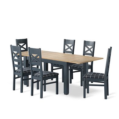 Richmond Smoked Oak Finish and Ink Blue Painted Extending Dining Table + 8 Richmond Painted Dining Chairs with Checked Slate Seat Pads