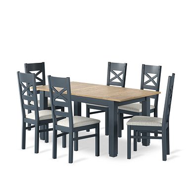 Richmond Smoked Oak Finish and Ink Blue Painted Extending Dining Table + 6 Richmond Ink Blue Painted Dining Chairs with Plain Grey Seat Pads