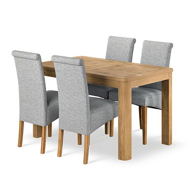 Romsey Natural Oak 4ft 3 Extending Dining Table and 4 Scroll Back Chair in Conway Grey Fabric