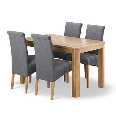 Romsey Natural Oak Extending Dining Table + 4 Scroll Back Chairs in Dappled Silver Fabric with Solid Oak Legs
