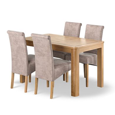 Romsey Natural Oak Extending Dining Table + 4 Scroll Back Chairs in Heritage Mink Velvet with Oak Legs