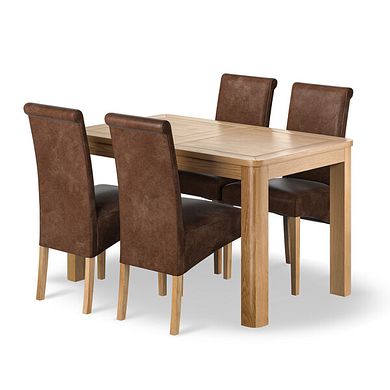 Romsey Natural Oak Extending Dining Table + 4 Scroll Back Chairs in Vintage Brown Leather Look Fabric with Oak Legs