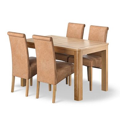 Romsey Natural Oak Extending Dining Table + 4 Scroll Back Chairs in Vintage Tan Leather Look Fabric with Oak Legs