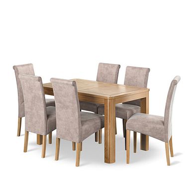 Romsey Natural Oak Extending Dining Table + 6 Scroll Back Chairs in Heritage Mink Velvet with Oak Legs