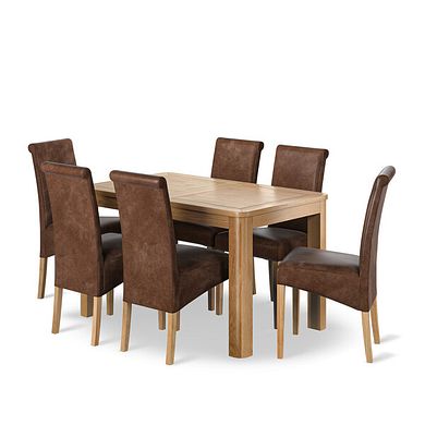 Romsey Natural Oak Extending Dining Table + 6 Scroll Back Chairs in Vintage Brown Leather Look Fabric with Oak Legs