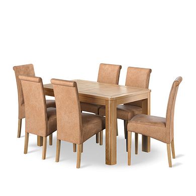 Romsey Natural Oak Extending Dining Table + 6 Scroll Back Chairs in Vintage Tan Leather Look Fabric with Oak Legs