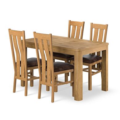 Romsey Natural Solid Oak 4ft 3 Extending Dining Table + 4 Arched Back Natural Solid Oak Chair with Vintage Brown Leather Look Fabric Seat