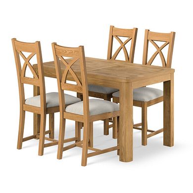 Romsey Natural Solid Oak 4ft 3 Extending Dining Table + 4 Cross Back Natural Solid Oak Chair with Verona Cream Fabric Seat