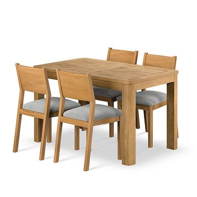 Romsey Natural Solid Oak 4ft 3 Extending Dining Table + 4 Ellison Natural Oak Chair with Verona Grey Fabric Seat