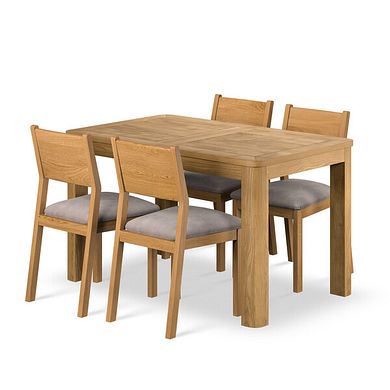 Romsey Natural Solid Oak 4ft 3 Extending Dining Table + 4 Ellison Oak Chair with Dappled Beige Fabric Seat