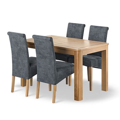 Romsey Natural Oak Extending Dining Table + 4 Scroll Back Chairs in Heritage Granite Velvet