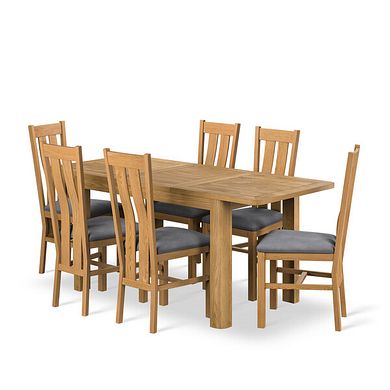 Romsey Natural Solid Oak 4ft 3" Extending Dining Table + 6 Arched Back Natural Solid Oak Chair with Dappled  Silver Fabric Seat