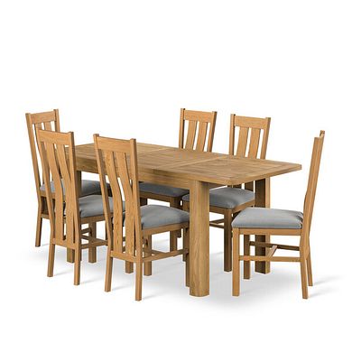 Romsey Natural Solid Oak 4ft 3 Extending Dining Table + 6 Arched Back Natural Solid Oak Chair with Verona Grey Fabric Seat