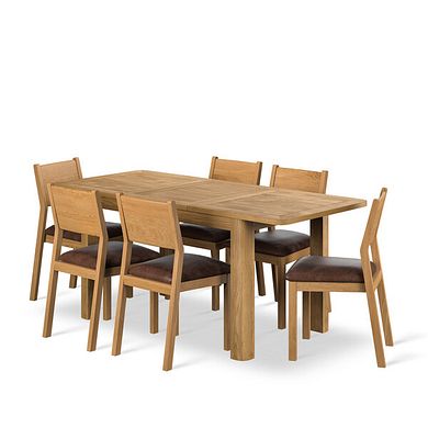 Romsey Natural Solid Oak 4ft 3 Extending Dining Table + 6 Ellison Oak Chair with Vintage Brown Leather Look Fabric Seat