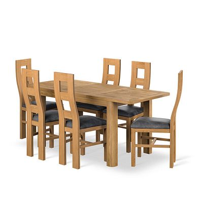 Romsey Natural Solid Oak 4ft 3 Extending Dining Table + 6 Wave Back Natural Solid Oak Chair with Vintage Black Leather Look Fabric Seat