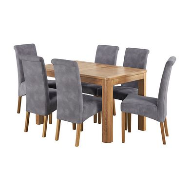 Romsey Natural Solid Oak Extending Dining Table and 6 Scroll Back Dappled Silver Fabric Chairs