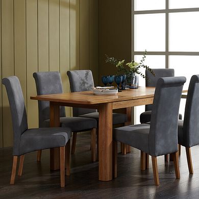 Romsey Natural Solid Oak Extending Dining Table and 6 Scroll Back Dappled Silver Fabric Chairs