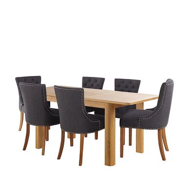 Romsey Natural Solid Oak Extending Dining Table and 6 Vivien Button Back Chair in Grey Fabric