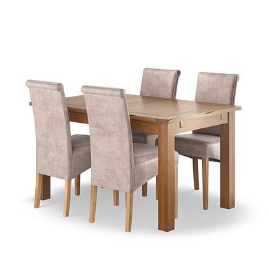Rushmere Rustic Oak Extending Dining Table + 4 Scroll Back Chairs in Heritage Mink Velvet with Oak Legs
