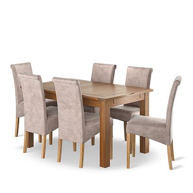 Rushmere Rustic Oak Extending Dining Table + 6 Scroll Back Chairs in Heritage Mink Velvet with Oak Legs