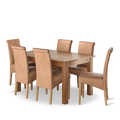 Rushmere Rustic Oak Extending Dining Table + 6 Scroll Back Chairs in Vintage Tan Leather Look Fabric with Oak Legs