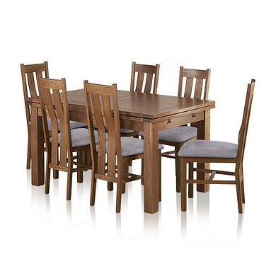 Sherwood Rustic Solid Oak 4ft 7" Extending Table and 6 Arched Back Chairs with Dappled Silver Seats