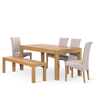 Savannah Hevea Dining Table, 4 Scroll-Back Chairs in Mink Fabric and 1 Savannah bench