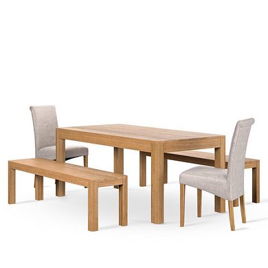Savannah Hevea Dining Table, 2 Scroll-Back Chairs in Mink Fabric and 2 Savannah Bench Seats