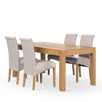 Savannah Hevea Dining Table and 4 Scroll-back Chairs in Mink Fabric