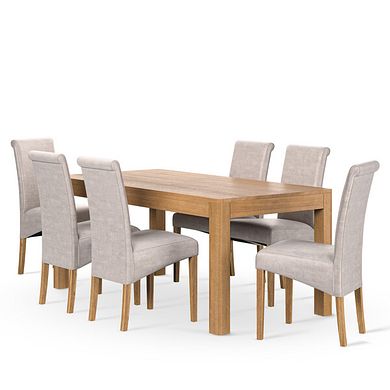 Savannah Hevea Dining Table and 6 Scroll-Back Chairs in Mink Fabric