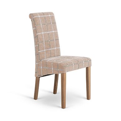 Scroll Back Chair in Checked Beige Fabric with Oak Legs