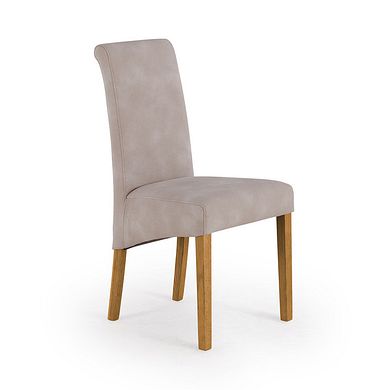 Scroll Back Chair in Dappled Beige Fabric with Solid Oak Legs