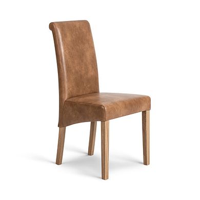 Scroll Back Chair in Vintage Tan Leather Look Fabric with Oak Legs