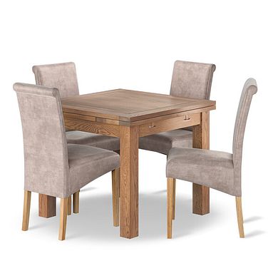 Sherwood 4 Seater Rustic Oak Extending Dining Table + 4 Scroll Back Chairs in Heritage Mink Velvet with Oak Legs