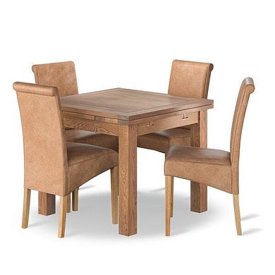 Sherwood 4 Seater Rustic Oak Extending Dining Table + 4 Scroll Back Chairs in Vintage Tan Leather Look Fabric with Oak Legs
