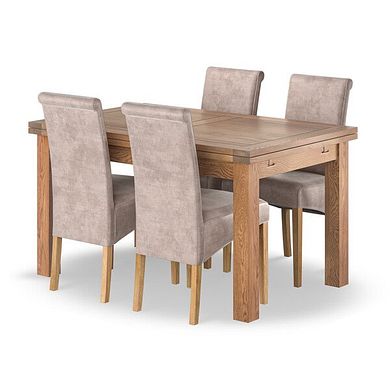 Sherwood Rustic Oak 4ft 7" Extending Dining Table + 4 Scroll Back Chairs in Heritage Mink Velvet