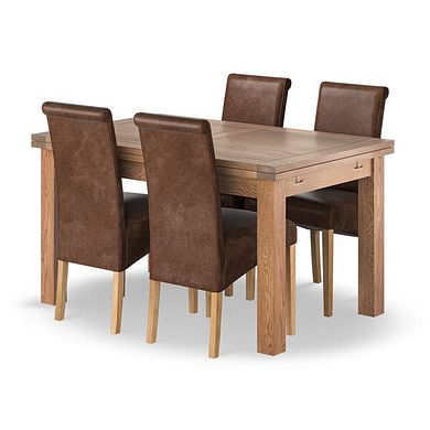 Sherwood Rustic Oak 4ft 7" Extending Dining Table + 4 Scroll Back Chairs in Vintage Brown Leather Look Fabric