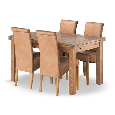 Sherwood Rustic Oak 4ft 7" Extending Dining Table + 4 Scroll Back Chairs in Vintage Tan Leather Look Fabric