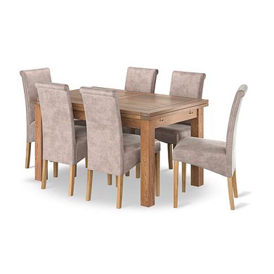 Sherwood Rustic Oak 4ft 7" Extending Dining Table + 6 Scroll Back Chairs in Heritage Mink Velvet