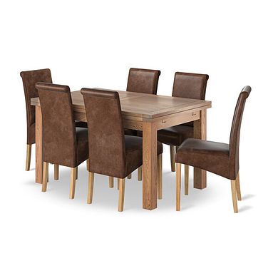 Sherwood Rustic Oak 4ft 7" Extending Dining Table + 6 Scroll Back Chairs in Vintage Brown Leather Look Fabric