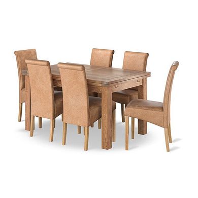 Sherwood Rustic Oak 4ft 7" Extending Dining Table + 6 Scroll Back Chairs in Vintage Tan Leather Look Fabric