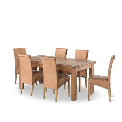 Sherwood Rustic Oak 6ft Extending Dining Table + 6 Scroll Back Chairs in Vintage Tan Leather Look Fabric with Oak Legs