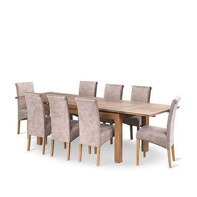 Sherwood Rustic Oak 6ft Extending Dining Table + 8 Scroll Back Chairs in Heritage Mink Velvet with Oak Legs