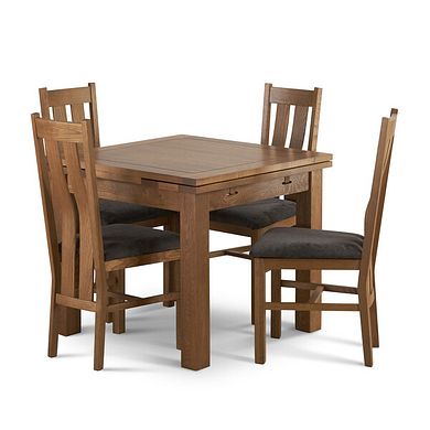 Sherwood Rustic Solid Oak 3ft Extending Table & 4 Arched Back Chairs with Plain Charcoal Fabric Seat