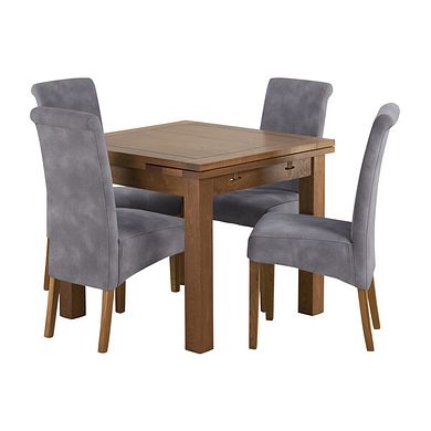 Sherwood Rustic Solid Oak 3ft Extending Table and 4 Scroll Back Dappled Silver Fabric Chairs
