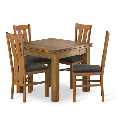 Sherwood Rustic Solid Oak 3ft x 3ft Extending Dining Table + 4 Arched Back Rustic Solid Oak Chair with Verona Chocolate Fabric Seat